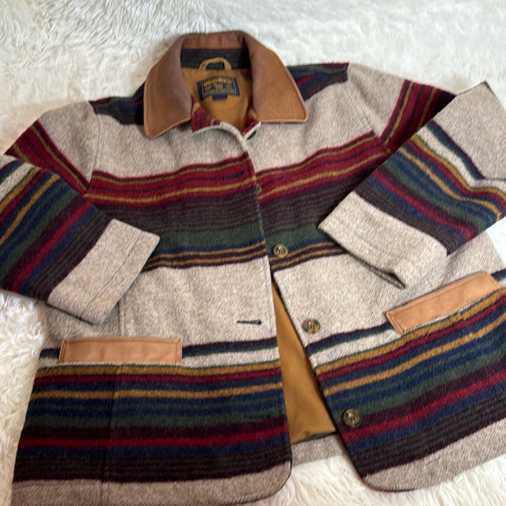 Vintage 90s Woolrich Womens L Wool Blanket Striped Button Coat Jacket USA Made